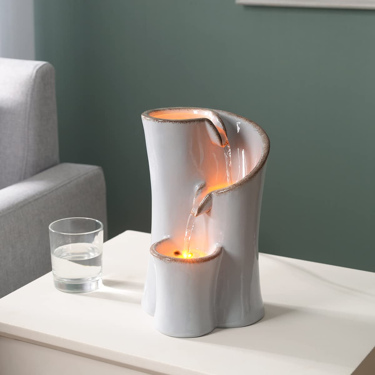 Haobos Indoor Water Fountain Imitation Ceramics Appearance Tabletop Fountain Relaxation Desktop Waterfall w/ 3 Reflective led, 9.8 Inch Tall Fountain (Grey)