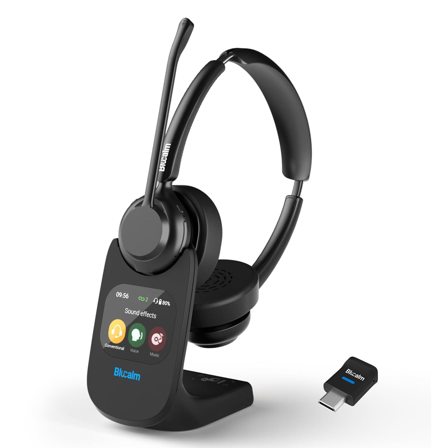 Blucalm Wireless Headset with Mic for Work - V5.4 Headset with Noise Canceling, PC Headphones with Mic Mute & USB Dongle, Smart Dock with Touch Screen for Work from Home, Teams, Zoom