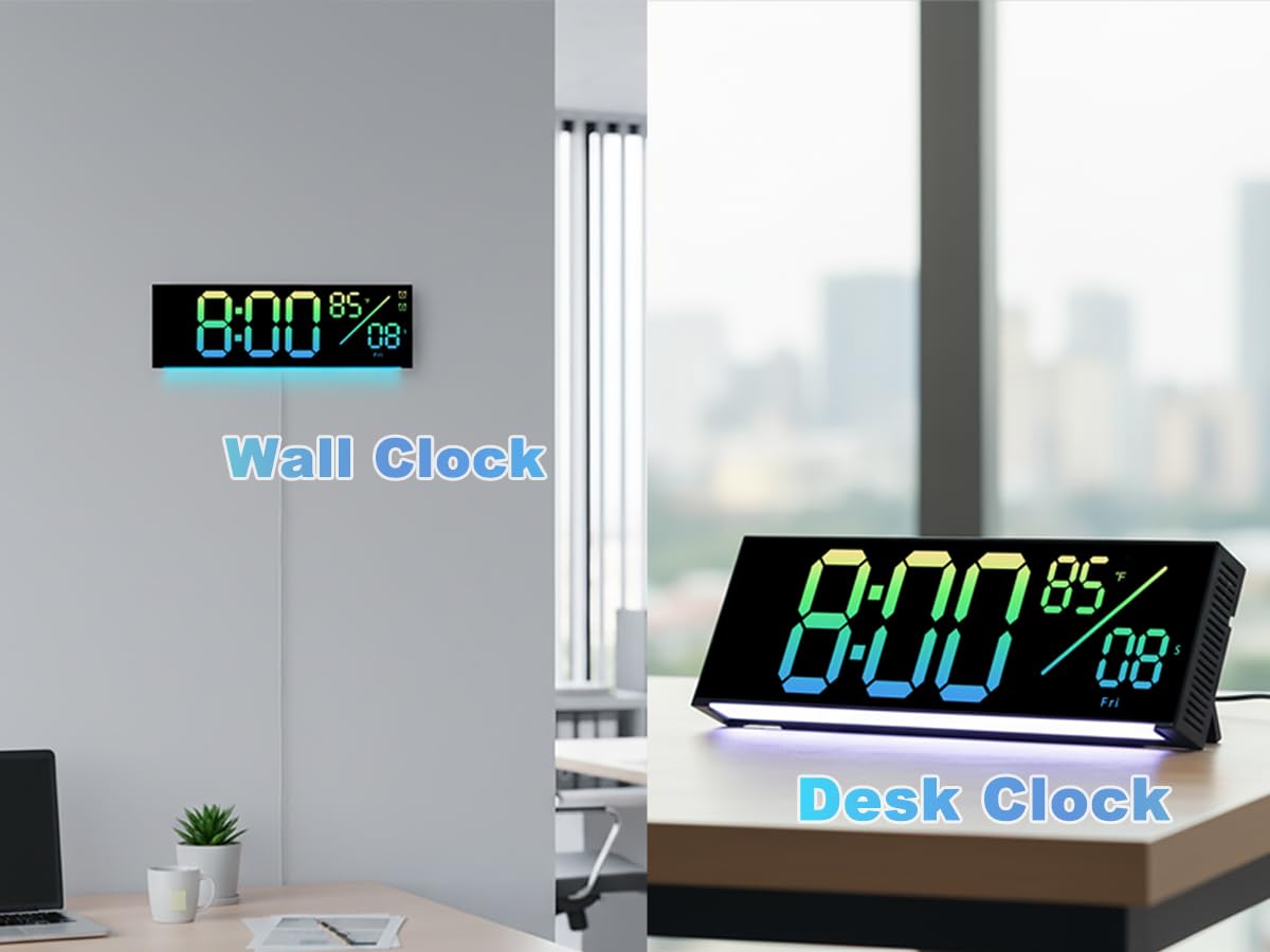 11-Inch LED Digital Wall Clock with RGB Flowing Light, Seconds,Date,Time,Temperature｜Large Clear Display, Countdown Timer,Dual Alarms,Remote Control｜Silent Modern Clock for Bedroom, Living Room,Office