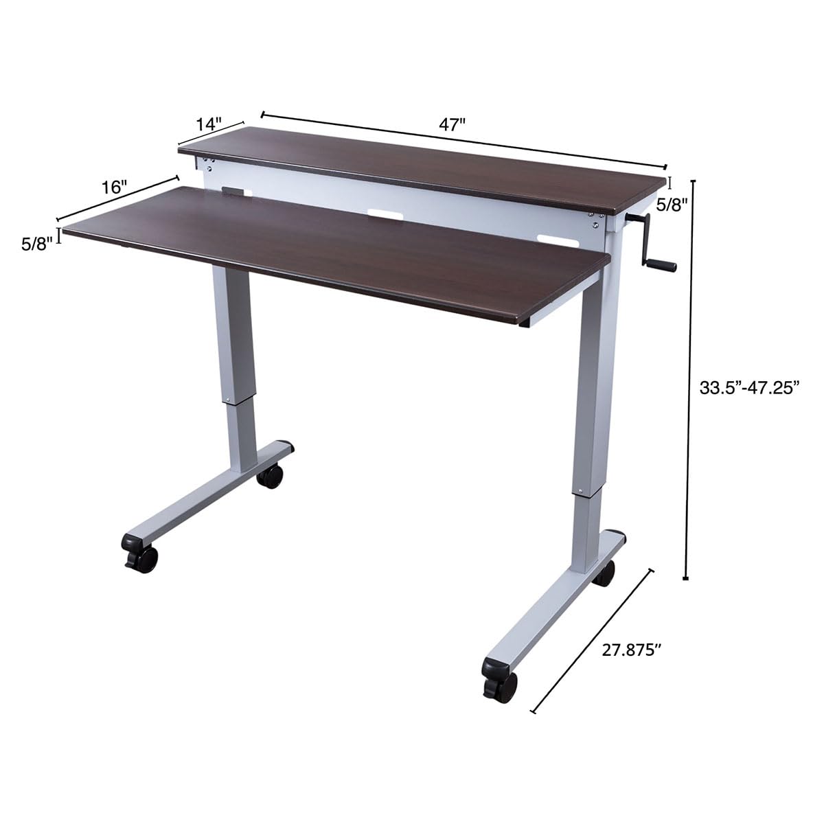 S STAND UP DESK STORE Crank Adjustable Tier Standing Desk with Heavy Duty Steel Frame (Silver Frame/Dark Walnut Top, 48in Wide)