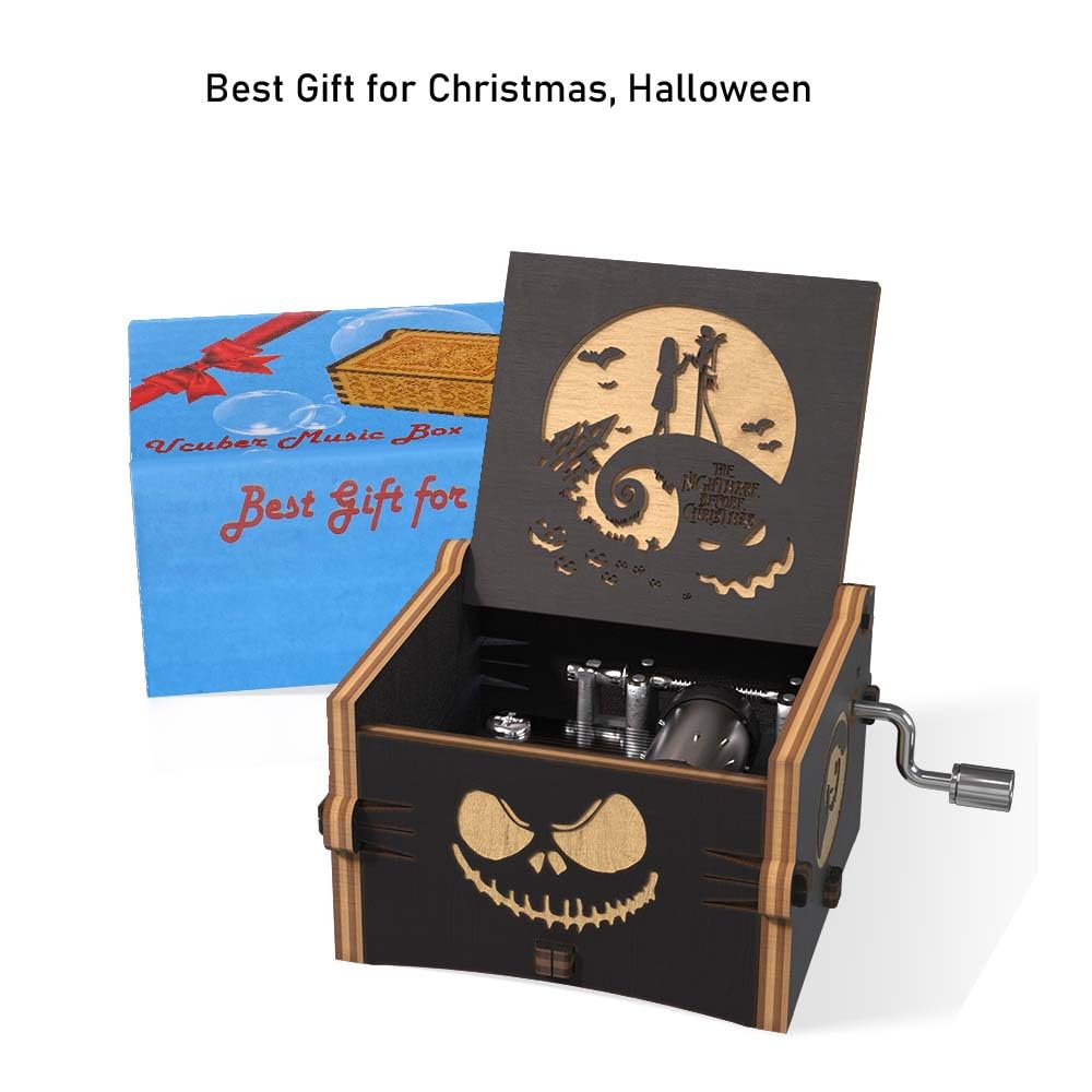Ucuber Before Christmas Music Box, Engraved Mini Wood Music Box Gift, Melody This is Halloween, Home Decor for Halloween Valentines Christmas Boys and Girls