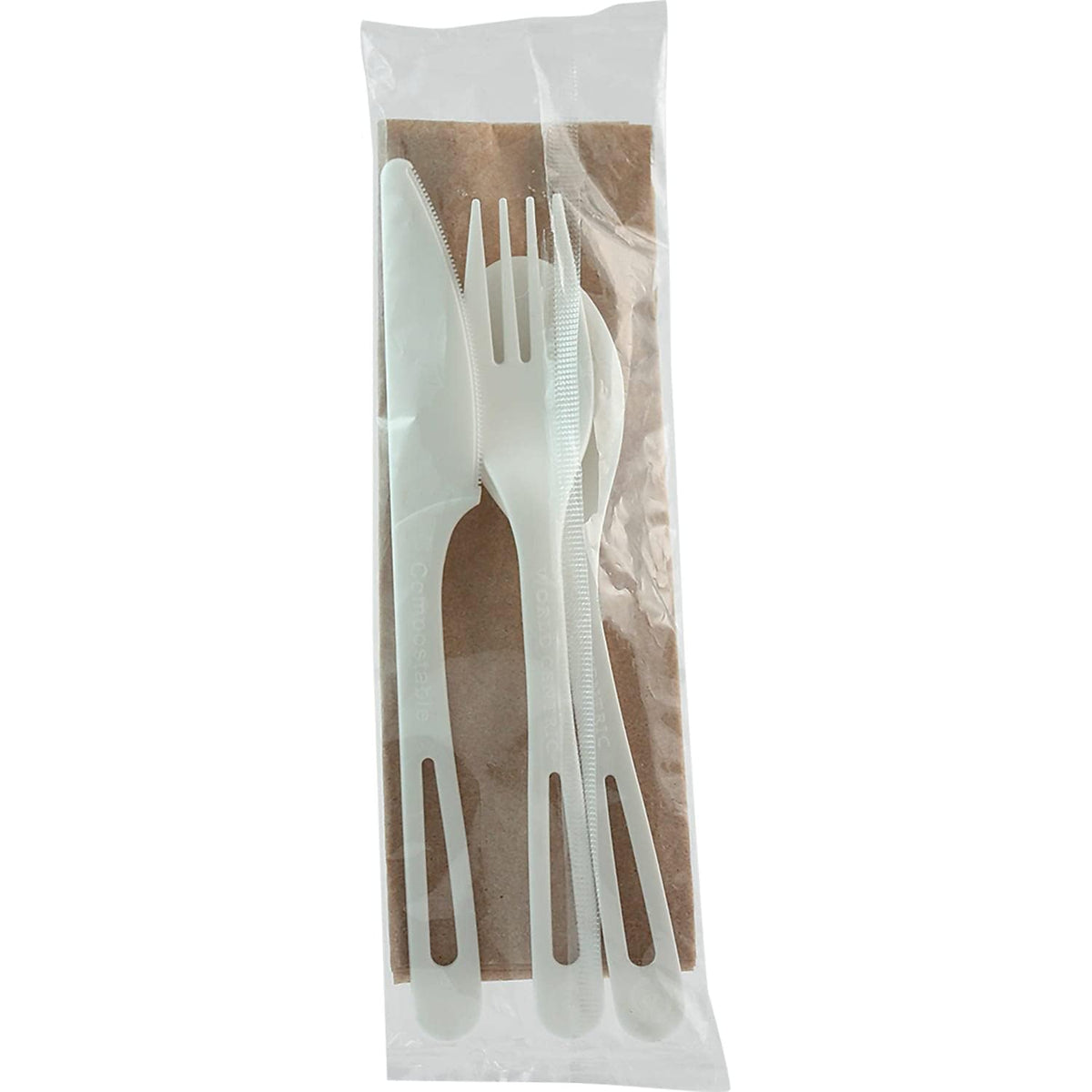 World Centric Compostable TPLA Assorted Cutlery, Wrapped with 6" Napkin (Pack of 250), Forks, Spoons and Knives, Made from Plants and Minerals, White Bioplastic Utensils, Strong, Heat Resistant
