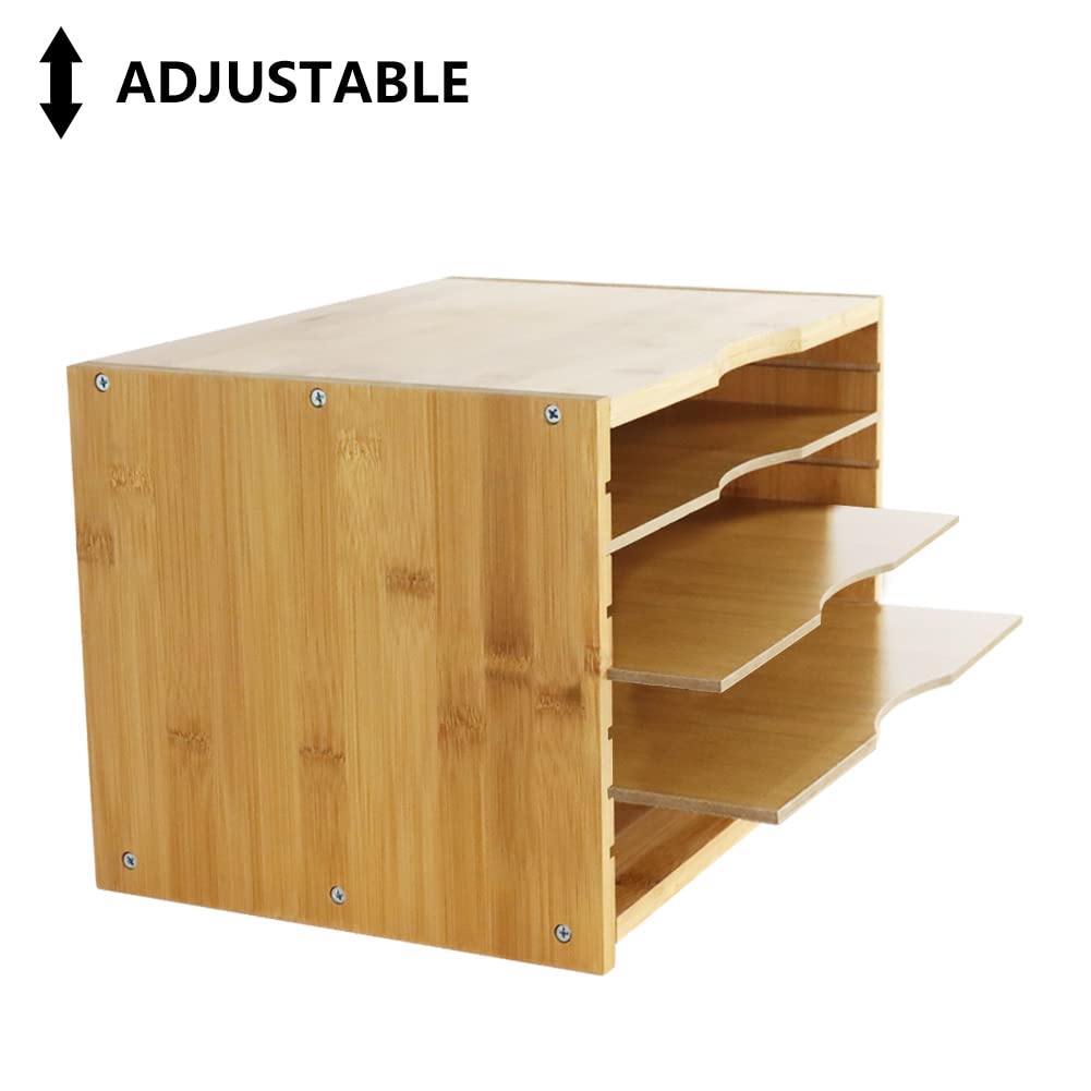 WKWKER File Organizer with 3 Adjustable Shelves Bamboo Document Letter Tray Paper File Sorter for Desktop Office Home Study Workstation Desk Storage Rack (Natural)