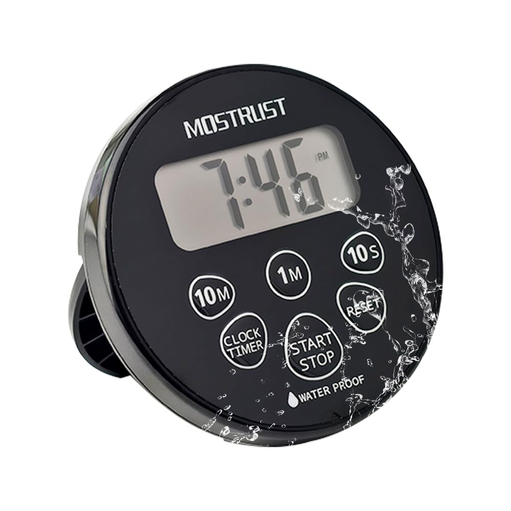 MOSTRUST Digital Waterproof Shower Clock Timer, Bathroom Kitchen Countdown Cooking Timer with Alarm, Magnetic Back, Stand Dark Black