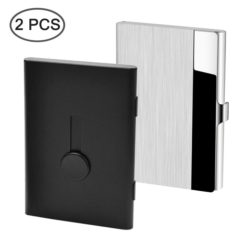 SENHAI 2 Pcs Business Card Holders, Professional Thumb-Drive Slide Out Business Card Case and Stainless Steel ID Name Wallet Credit Card Holder for Men and Women - Black