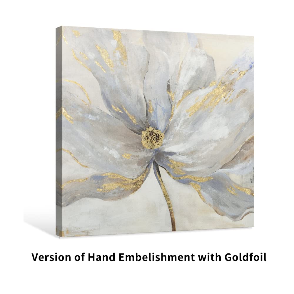 Goldfoilart Floral Wall Art Gold Flower Canvas Pictures with Foil Embellishment Painting Grey Print Framed Artwork for Bedroom Bathroom Living Room Office Wall Decor 24" x 24"
