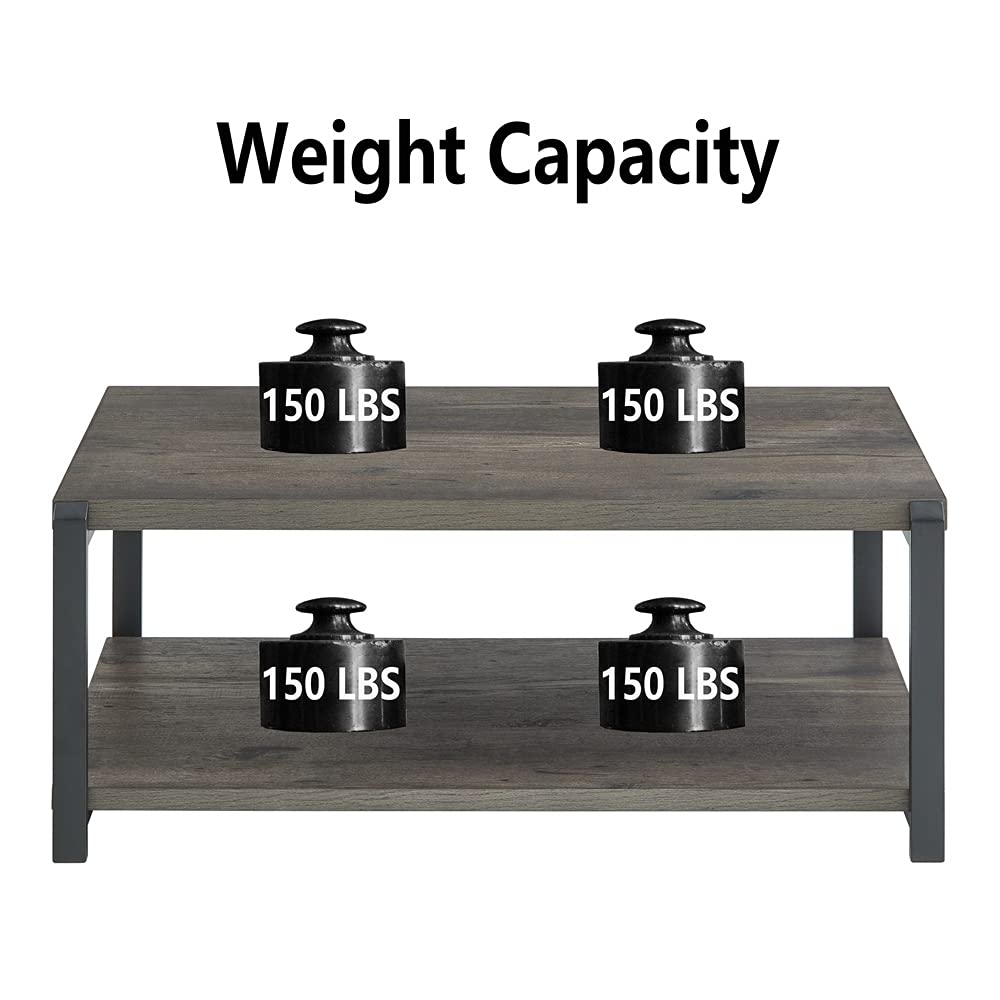EXCEFUR Coffee Table with Storage Shelf, Rustic Wood and Metal Cocktail Table for Living Room, Grey