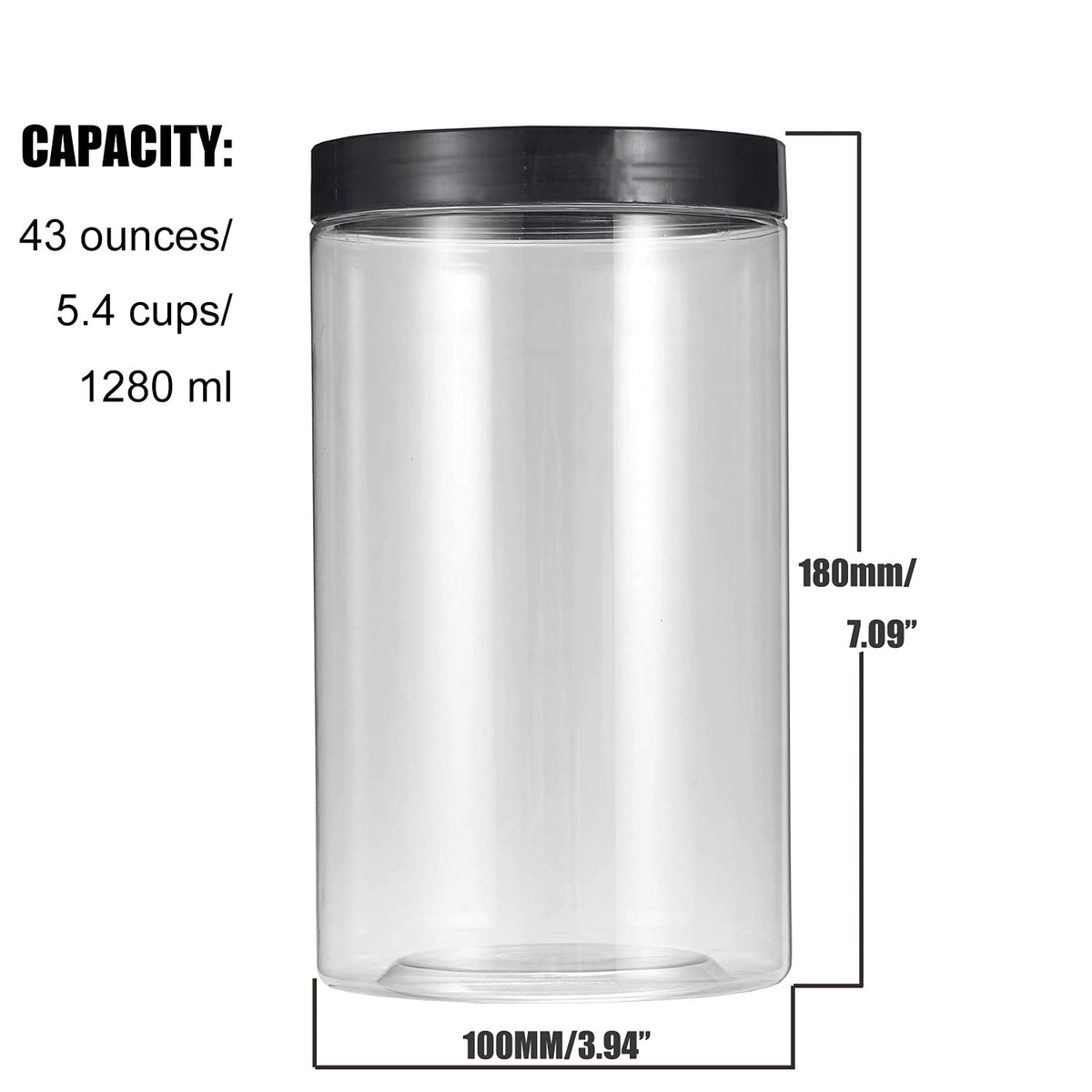 43oz (1280 ml) Clear Plastic Jars with Smooth Black Lids and Labels (6 Pack), Wide Mouth, BPA Free, PET Jars Bulk for Home & Kitchen Pantry Organization and Storage (Black)