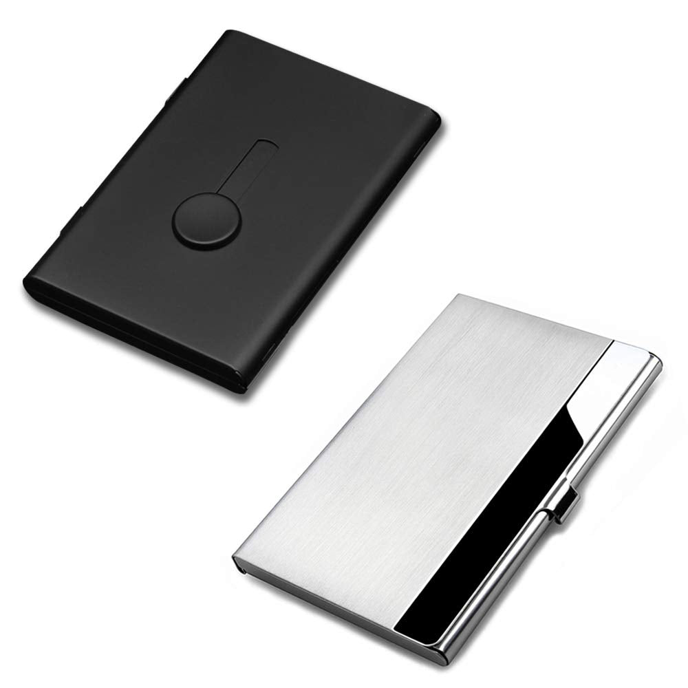 SENHAI 2 Pcs Business Card Holders, Professional Thumb-Drive Slide Out Business Card Case and Stainless Steel ID Name Wallet Credit Card Holder for Men and Women - Black