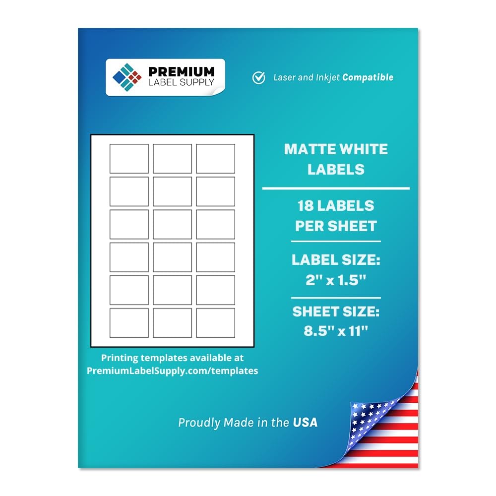 Premium Label Supply White Sticker Labels – 2" x 1.5" – Laser/Inkjet Compatible – (18 per Sheet), 25 Sheets – 450 Total Adhesive Labels