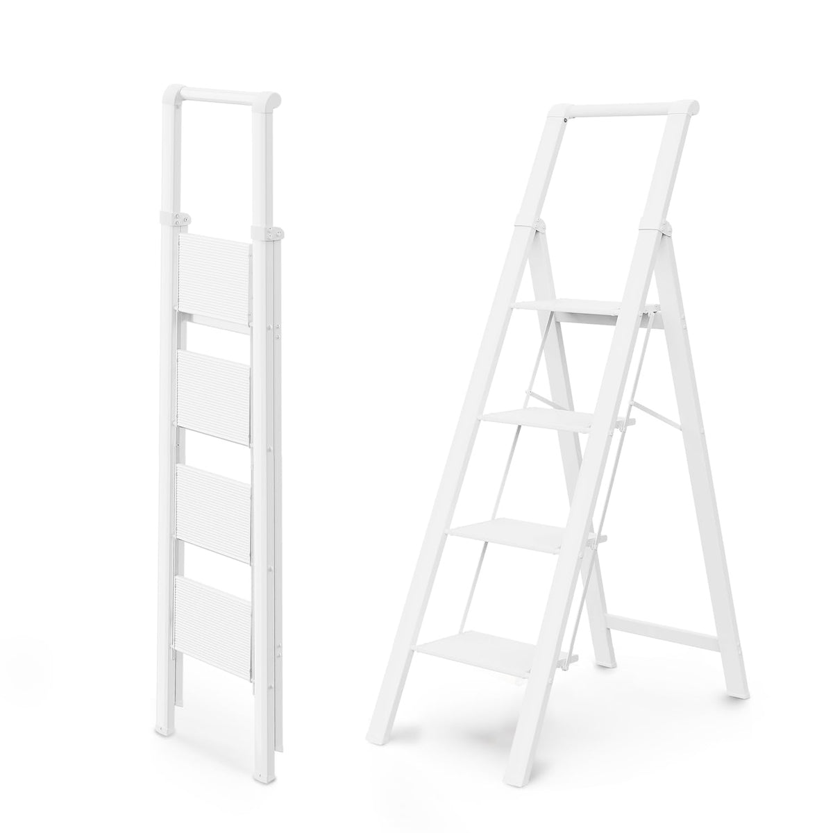 WOA WOA 4 Step Ladder, Ladders for Home, Anti-Slip Aluminum Pedals, Step Stool Foldable, Lightweight to Move, Ease of Storage, Reach 9ft for Closet Kitchen Library, Hold 300lbs - White