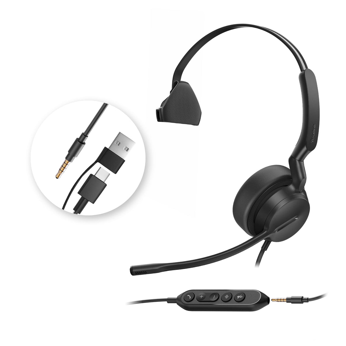Yealink UH42 SE Wired Headset with Mic, USB-A/C & 3.5MM Single Computer Headsets with Noise Cancelling Microphone for PC, Laptop, Phone, 7ft Cable in-Line Control Headphones Work with Teams, Zoom, UC