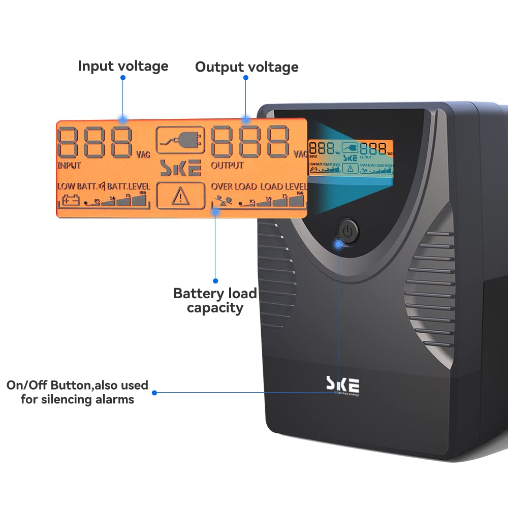 SKE SK425 850VA/480W UPS Battery Backup & Surge Protector - Uninterruptible Power Supply with LCD Display, AVR Voltage Regulation, 6 Outlets, Backup Power for PC, Router, NAS & Home Office