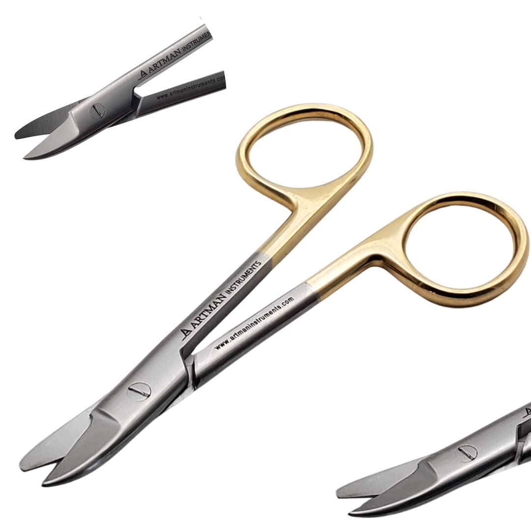 ARTMAN INSTRUMENTS Dental Crown Collar Cutting Scissors 4.25" Curved Scissors for Thin Metal, Plastic, Rubber Sheets - Stainless Steel with Gold Plated Handle for Dental, Craft, and Art Projects