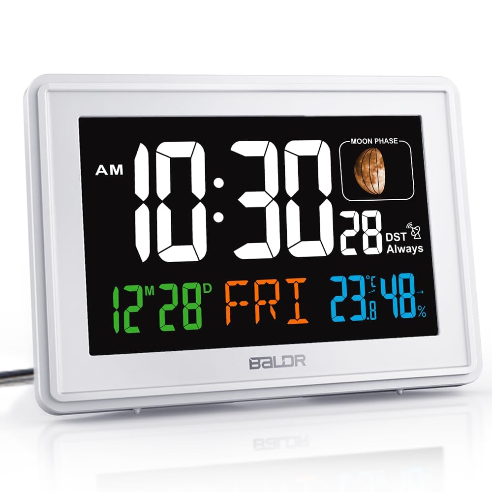 Baldr Atomic Clocks for Bedrooms Digital Large Display - White - Desk Clock with Temperature Indoor and Humidity, Night Stand Clock, Moon Phase Clock, Alarm Clocks for Living Room, Digital Clock Wall