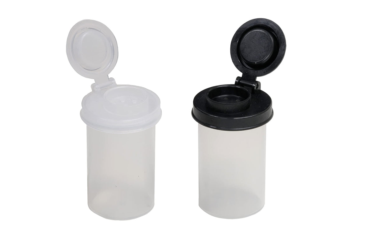 BRAZZA Salt and Pepper Shakers Moisture Proof Set, Perfect to go Camping Picnic Outdoors Kitchen Lunch Boxes Travel Spice Set Clear with Black Lids Plastic Airtight Jar Dispenser 5 small