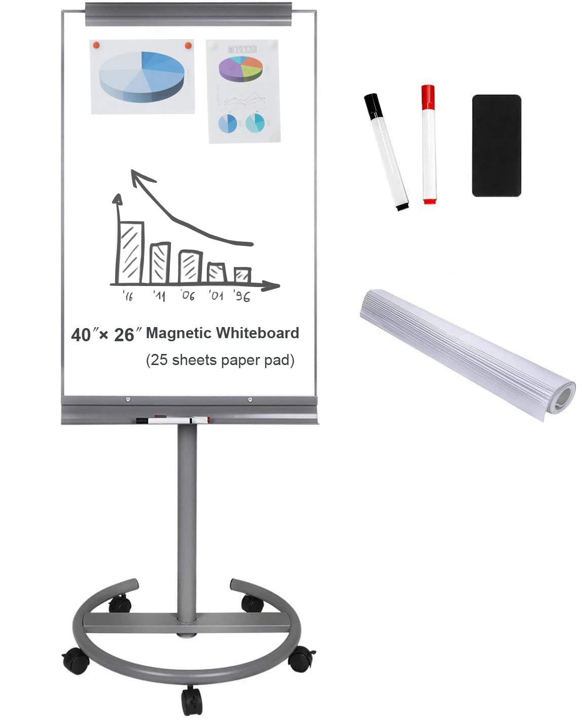 BIBOC Mobile Dry Erase Board – 40x26 inches Magnetic Portable Whiteboard Stand Adjustable Easel White Board Flipchart Easel Board with 25 Sheets Paper Pad 1 Eraser, 2Markers