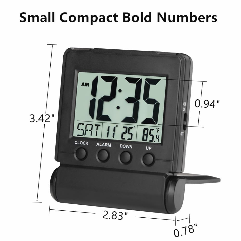FAMICOZY Small Folding Digital Travel Alarm Clock with Day/Month/Date/Indoor Temperature,Easy to Read and Set,High/Low Alarm Volume,9 Min Snooze,Backlight on Demand,Bedside Calendar Alarm Clock,Black
