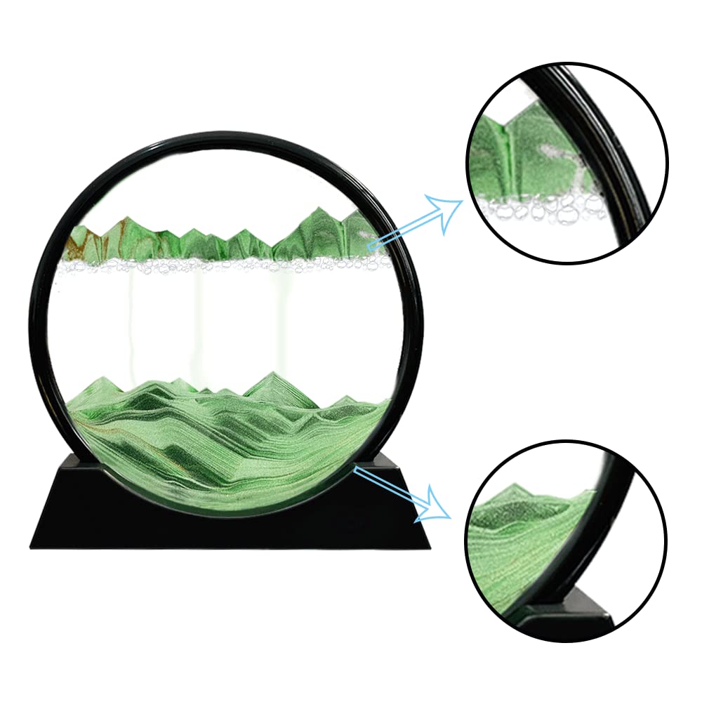 Aoderun Moving Sand Art Picture Round Glass 3D Deep Sea Sandscape in Motion Display Flowing Sand Frame Relaxing Desktop Home Office Work Decor (7", Green)