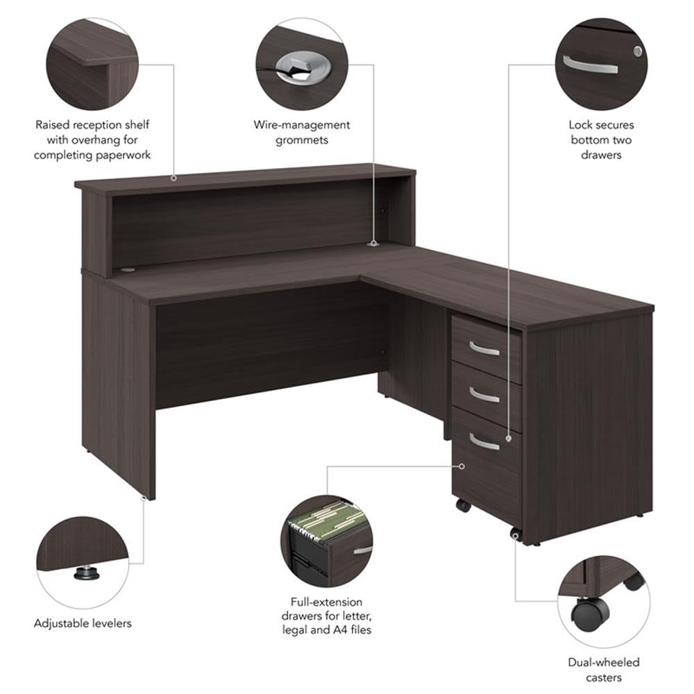 Bush Business Furniture Arrive 60W x 72D L Shaped Reception Desk with Shelf and Mobile File Cabinet in Storm Gray, Modern Receptionist Station for Office Waiting Room
