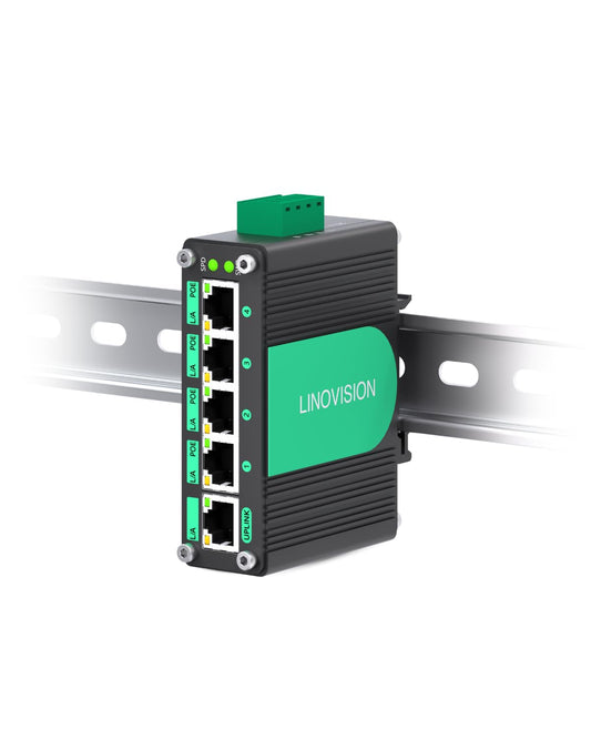 LINOVISION Industrial 5 Ports Gigabit 12V PoE Switch, Solar Powered Switch Support DC 9–54V Input to 48V PoE Output, 4 x IEEE 802.3af/at Ports 30W @120W, IP40 for Solar Power/RV Truck/VoIP Systems