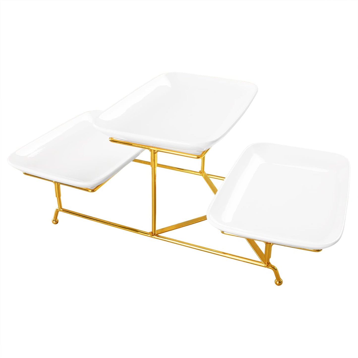 LIUYWYHCF 3-Tier Serving Rack with Ceramic Serving Tray, Foldable Gold Stand with 3 Pieces White 10.6 Inch Large Plates for Food Display, Fruit, Dessert Server Display and Entertaining