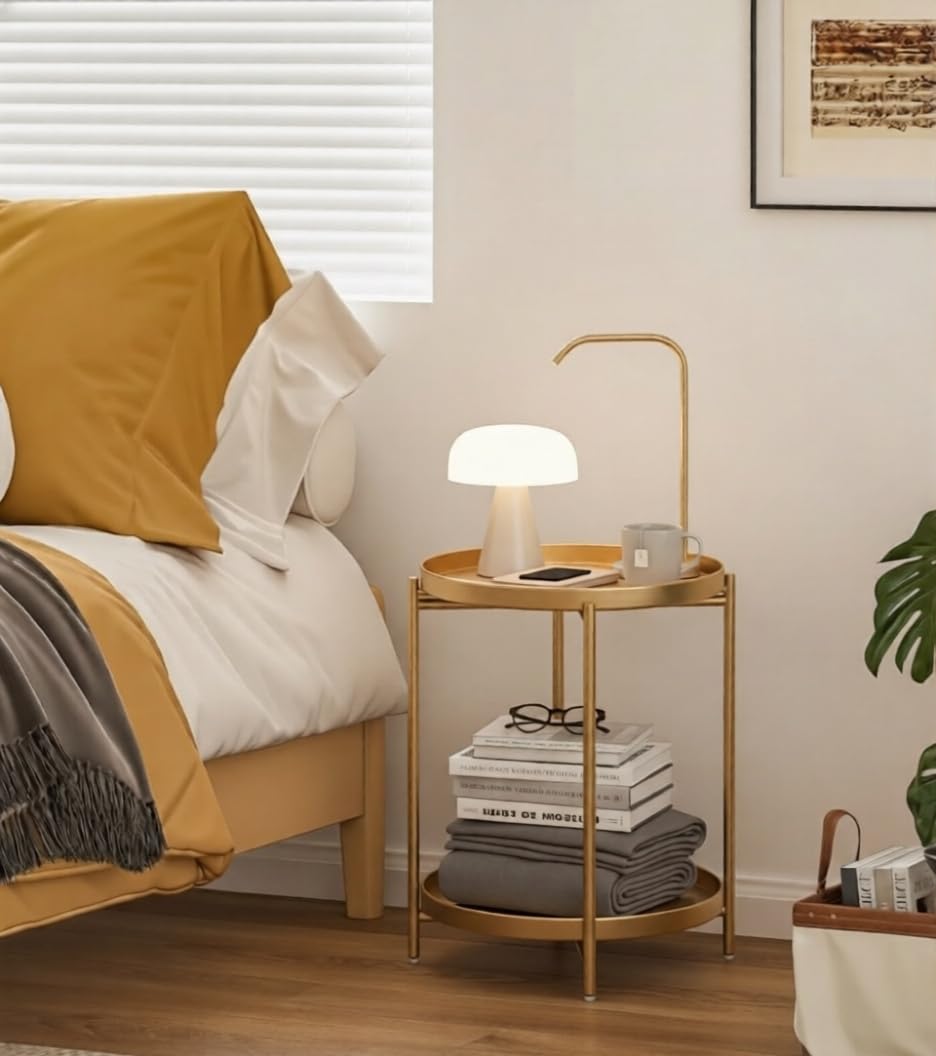 TeoKJ 2 Tier Gold Side Table, Folding Round Metal End Table Small Nightstand with Two Removable Tray for Bedroom Living Room Small Spaces Bedside Gold
