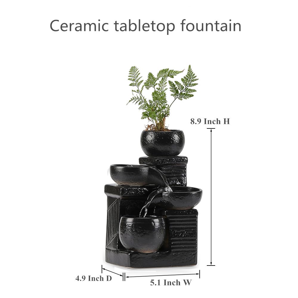 Outdoor and Indoor Ceramic Tabletop Desktop Fountain waterfeature Waterfall Home and Office Decoration (Black A198)