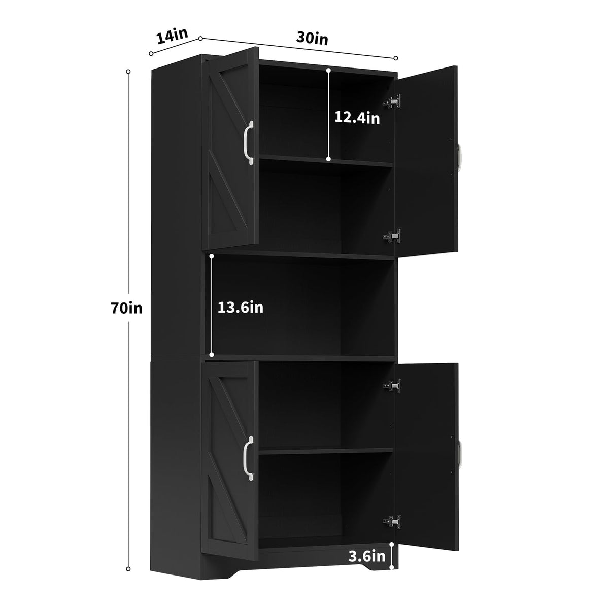 IDEALHOUSE 70" Kitchen Pantry Storage Cabinet, Farmhouse Kitchen Hutch Cabinet with 4 Doors & 2 Adjustable Shelves, Freestanding Cupboard with Microwave Stand for Dining Room,Living Room,Black