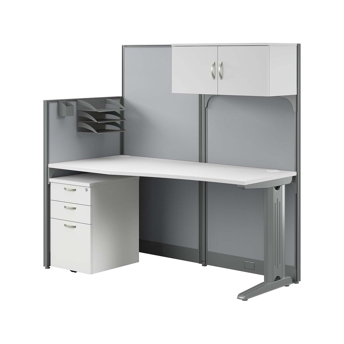 Bush Business Furniture Office in an Hour 65W Straight Cubicle Desk with Storage, Drawers, and Organizers in Pure White | Modern Computer Table Set with Privacy Panels for Commercial Workspace
