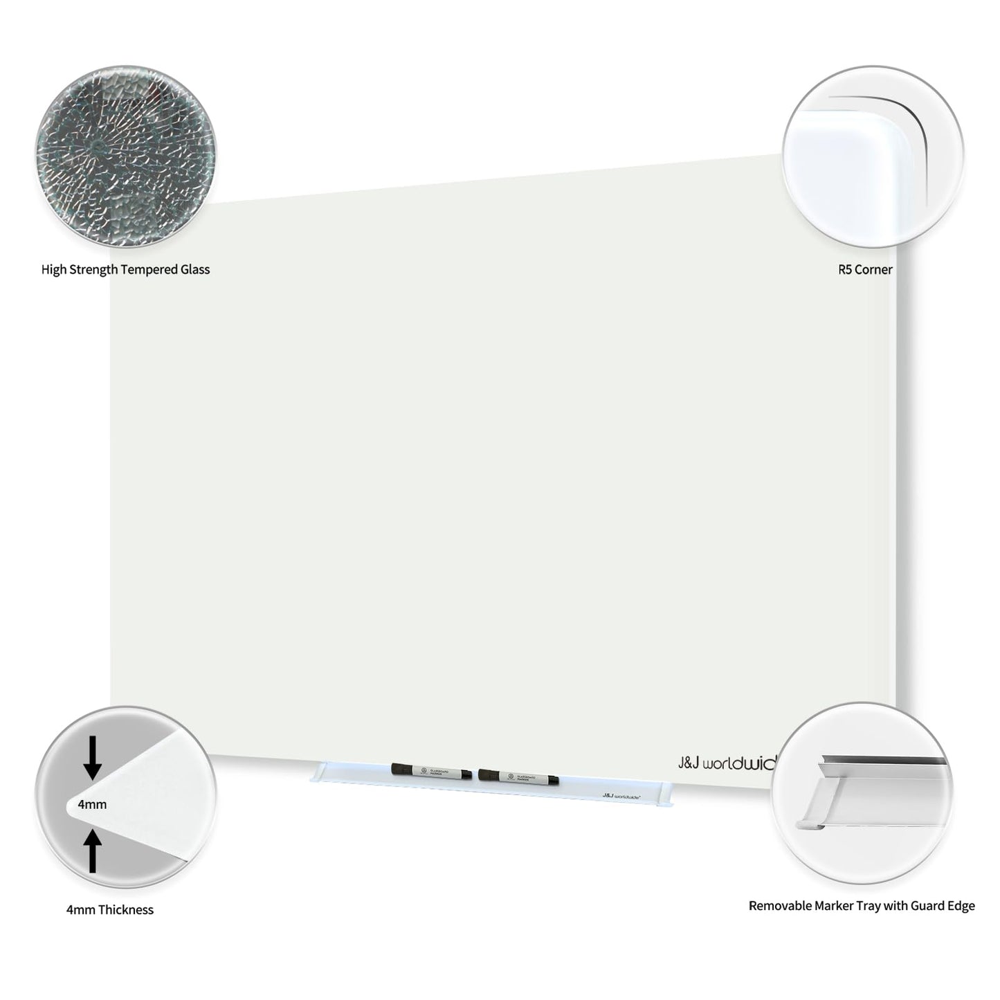 Magnetic Whiteboard, Glass Dry Erase Board 4' x 3' White Surface, White Board Frameless, Home School Supplies or Home Office Decor with Magnets, Markers, Eraser, Marker Tray