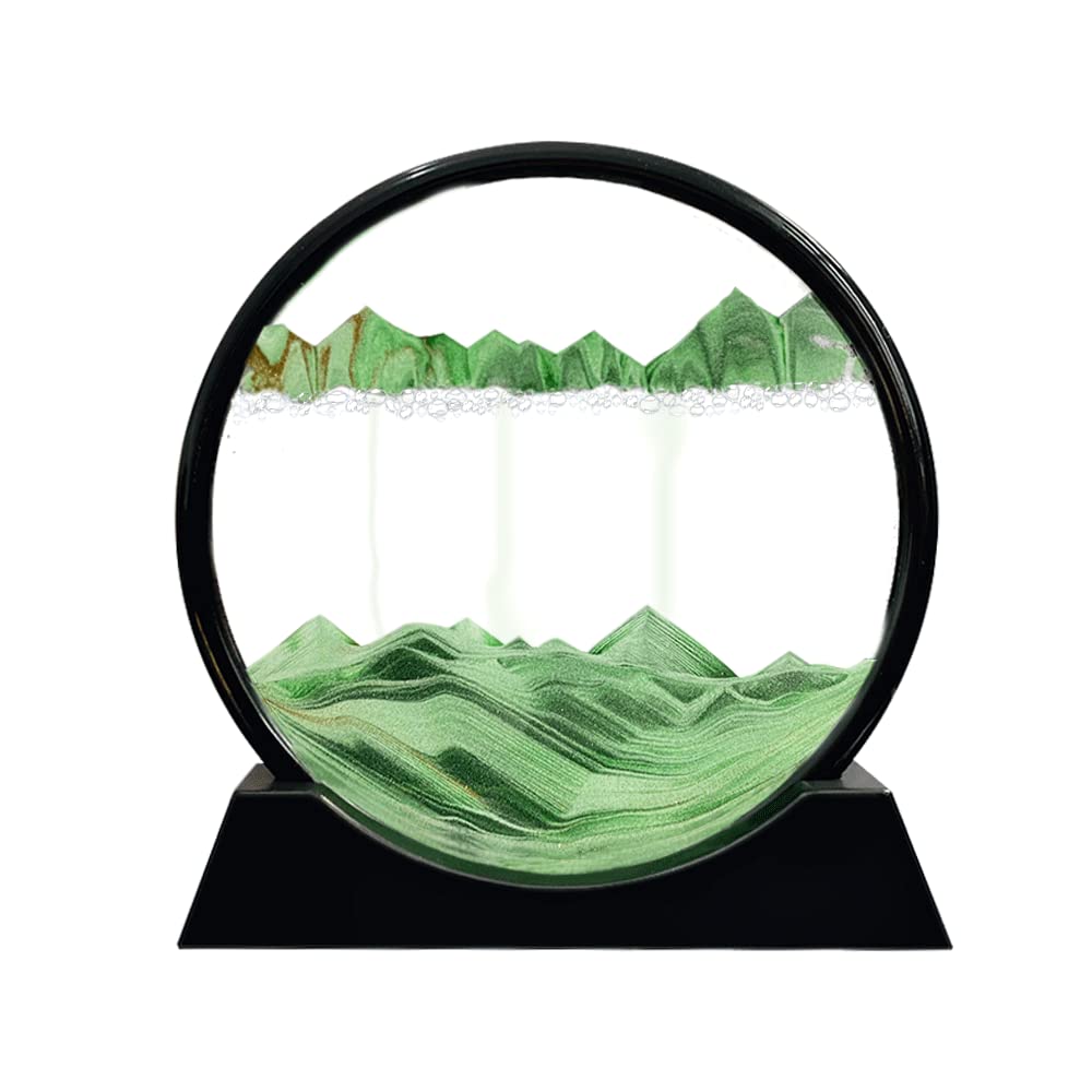 Aoderun Moving Sand Art Picture Round Glass 3D Deep Sea Sandscape in Motion Display Flowing Sand Frame Relaxing Desktop Home Office Work Decor (7", Green)