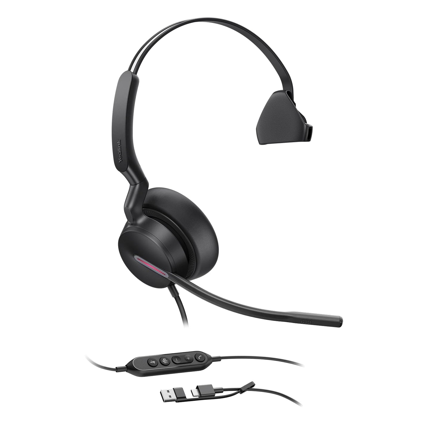 Yealink UH46 Mono USB Wired Headset with 3 Noise Cancelling Microphones for PC/Computer/Laptop, Teams Certified,Mute Call Button for Home Office Online Meetings, Plug & Play USB-C/A
