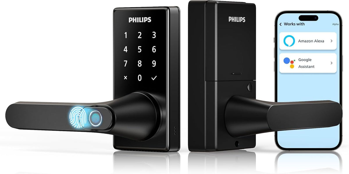 Philips Wi-Fi Smart Door Lock with Handle, Keyless Entry Door Lock, Fingerprint Door Knob, App Remote Control, Auto-Lock, Keypad Deadbolt with Lever for Front Door and Bedrooms, Security Easy Install