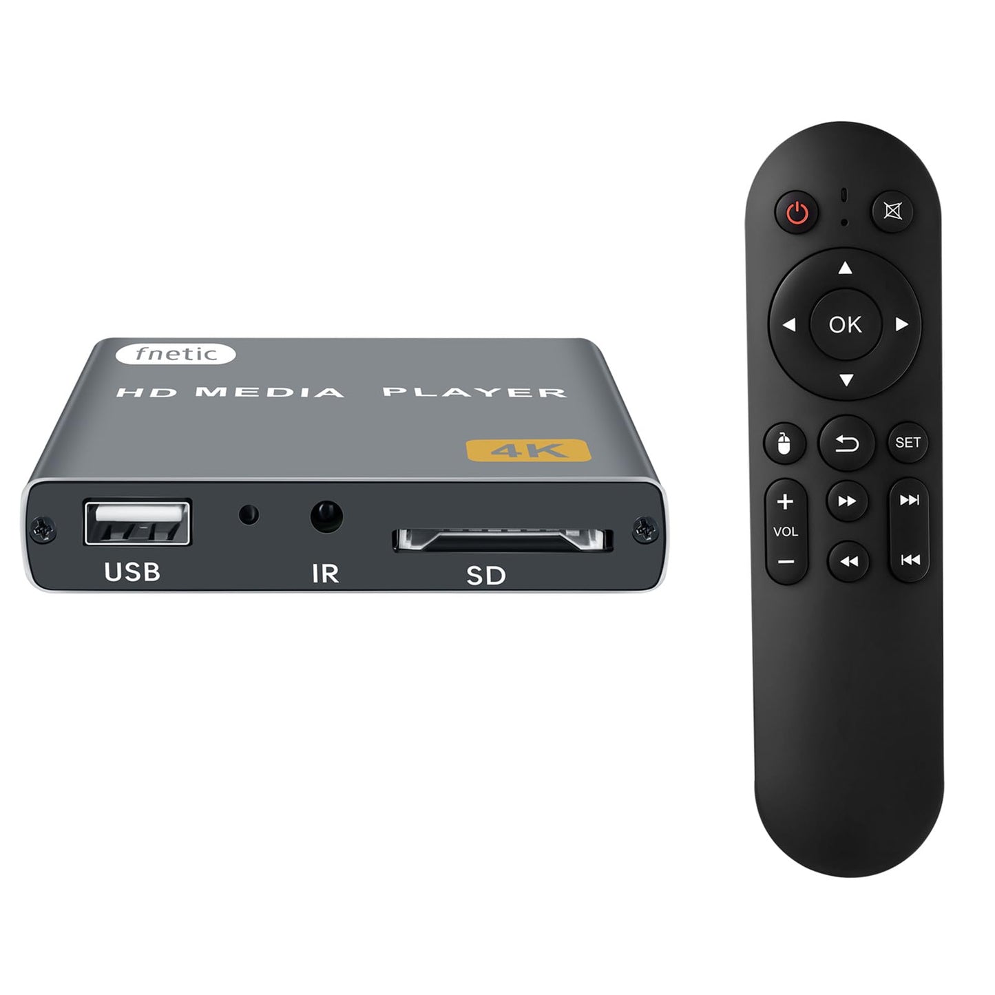 fnetic 4K Digital Media Player, TV MP4 Video Player with HDMI/AV Output, Digital Signage Mini HD Media Players for USB Drives/SD Cards, H.265/HEVC, Looping, Auto Playback, Grey