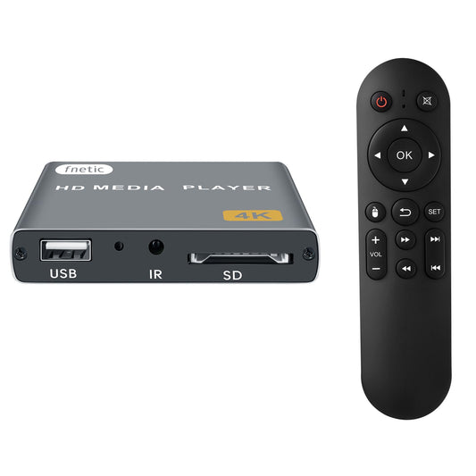 fnetic 4K Digital Media Player, TV MP4 Video Player with HDMI/AV Output, Digital Signage Mini HD Media Players for USB Drives/SD Cards, H.265/HEVC, Looping, Auto Playback, Grey