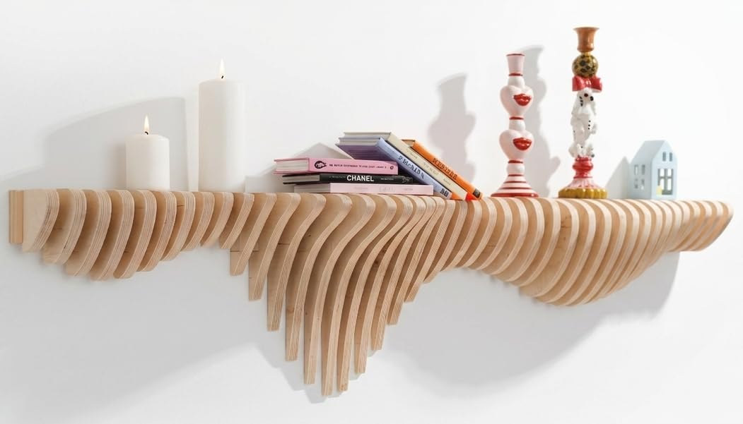 Lukelli Wooden Sound Wave Floating Shelf-4.8ft Modern Wall Shelf, 58x14x8.5in, Home Decor Design Furniture, for Living Room, Bedroom, Office, Studio