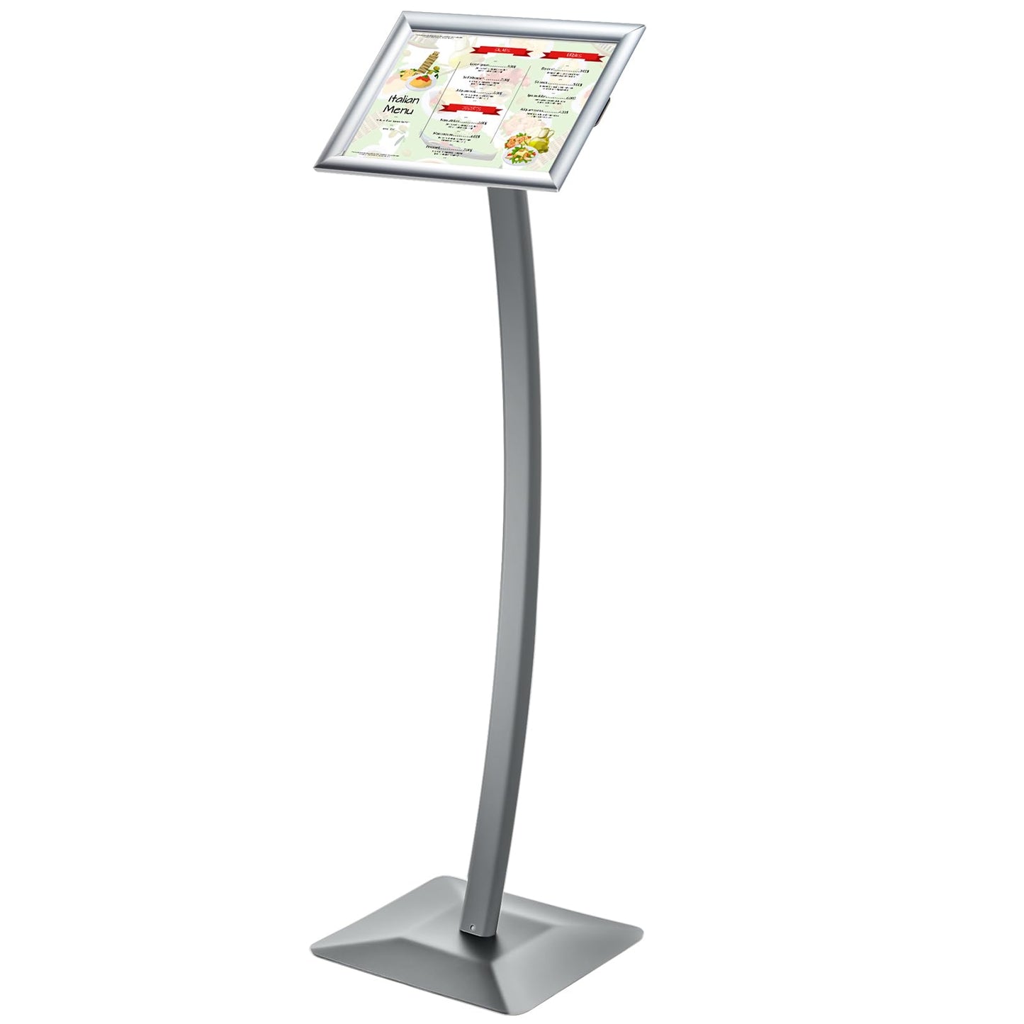 Adjustable Displays Curved Menu Board Heavy Duty Pedestal Sign Floor Standing Aluminum Front Loading Easy Open Poster Message Advertisement Holder for Restaurant Cafe Hotel(Silver,8.5 x 11 Inches)