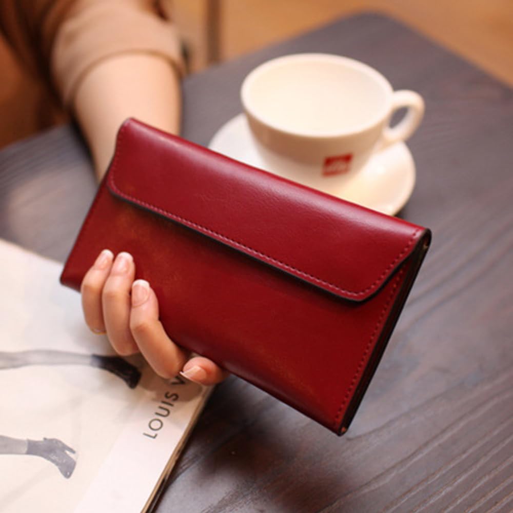 Retro Leather Envelope Women's Phone Card Holder Wallet, Thin Large Capacity Multifunctiona Leather Wallet, Clutch Wallet for Mother's Day Thanksgiving Fashion Gift (Wine Red)