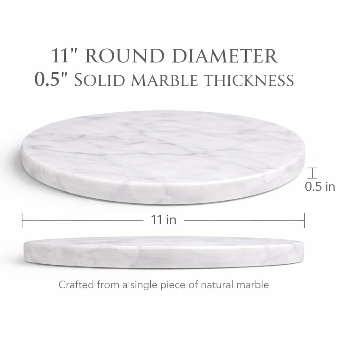KC KULLICRAFT 11-Inch Round Marble Cheese Board – Solid White Natural Stone Cutting Board & Charcuterie Serving Tray with Non-Slip Feet, 0.5” Thick, Easy to Clean.