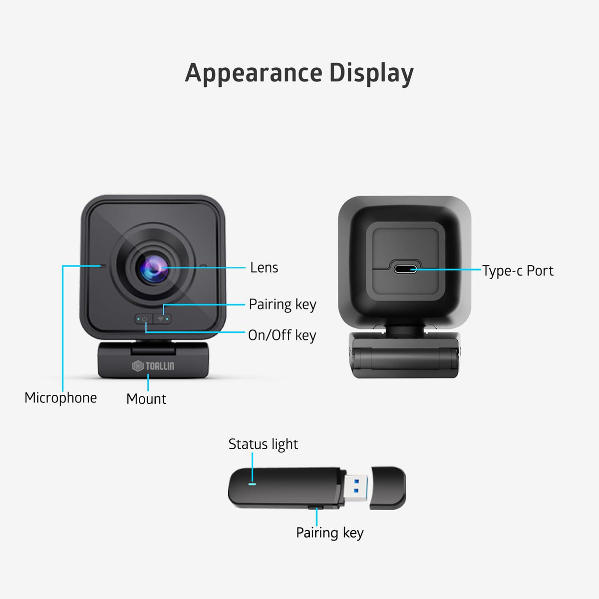 TOALLIN 1080P HD Wireless Webcam for PC, Built-in Noise-Canceling Microphone, Wireless Computer Camera for Video Conferencing, Live Streaming and Online Video Calls