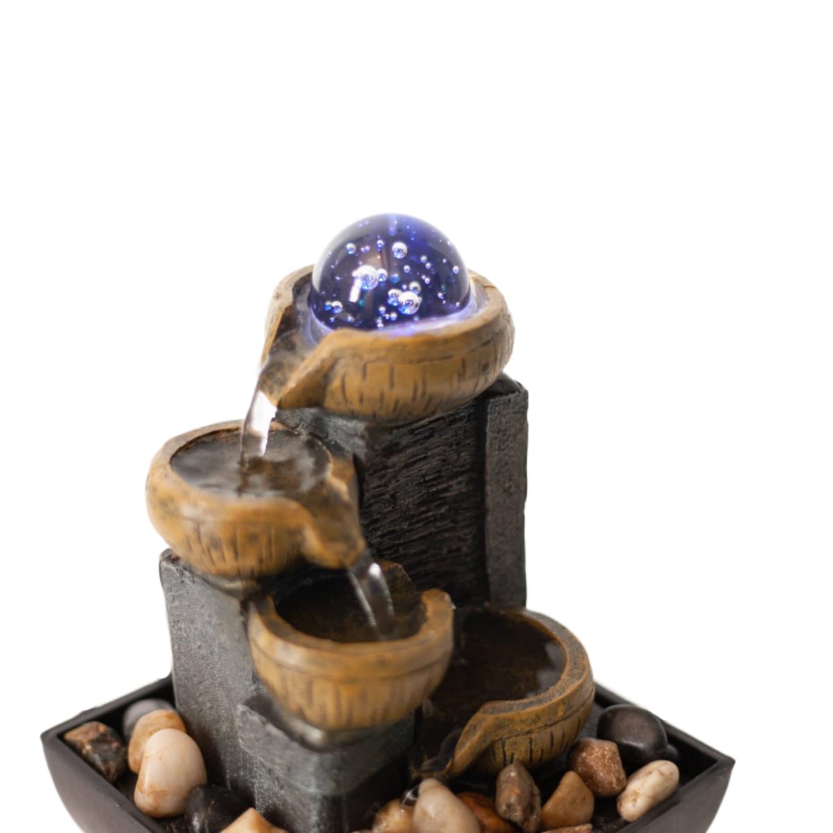 Tabletop Fountain Indoor Mini Waterfall 4-Tier Relaxation with Colored Lights and Rotating Bubble Ball