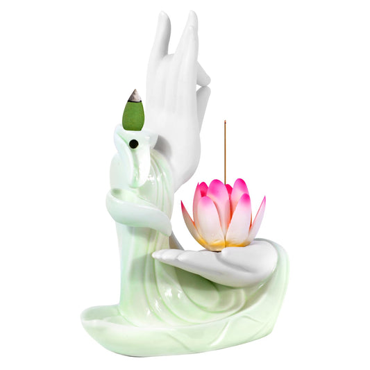Backflow Incense Holder Buddhist Culture，Waterfall Incense Burner Buddha's Hand and Colorful Lotus Pattern，Aromatherapy Ornament Home Décor Nice Gift for Friends Families