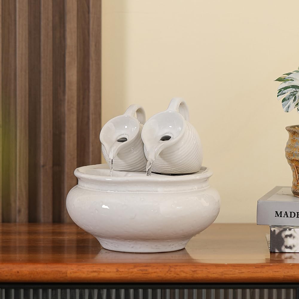 Outdoor and Indoor Tabletop Fountain Desktop Ceramic Fountain Home and Office Decoration (White A190)
