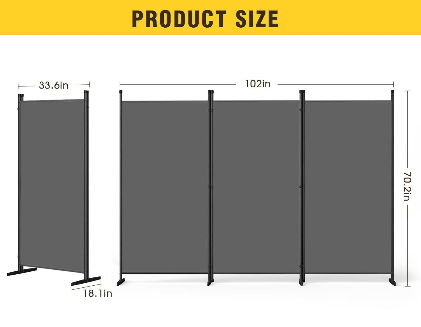 AKTOP 3-Panel Room Divider, Freestanding Wall Divider for Room Separation, Folding Privacy Partition Screen 70''W x 102''H, Portable Room Divider Panel Privacy Screen for Dorm Studio Office, Grey