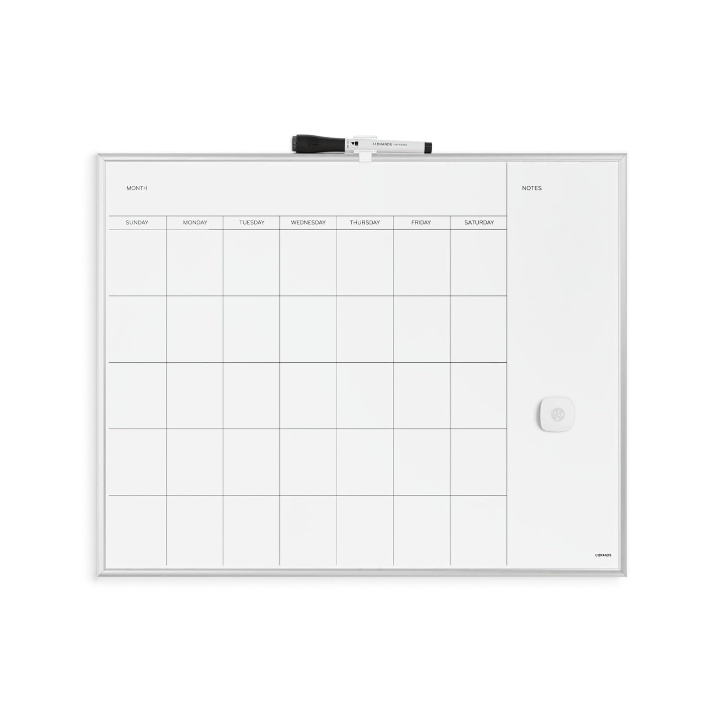 U Brands Magnetic Dry Erase Calendar White Board, 16" x 20", Silver Aluminum Frame, Includes Magnet and Marker