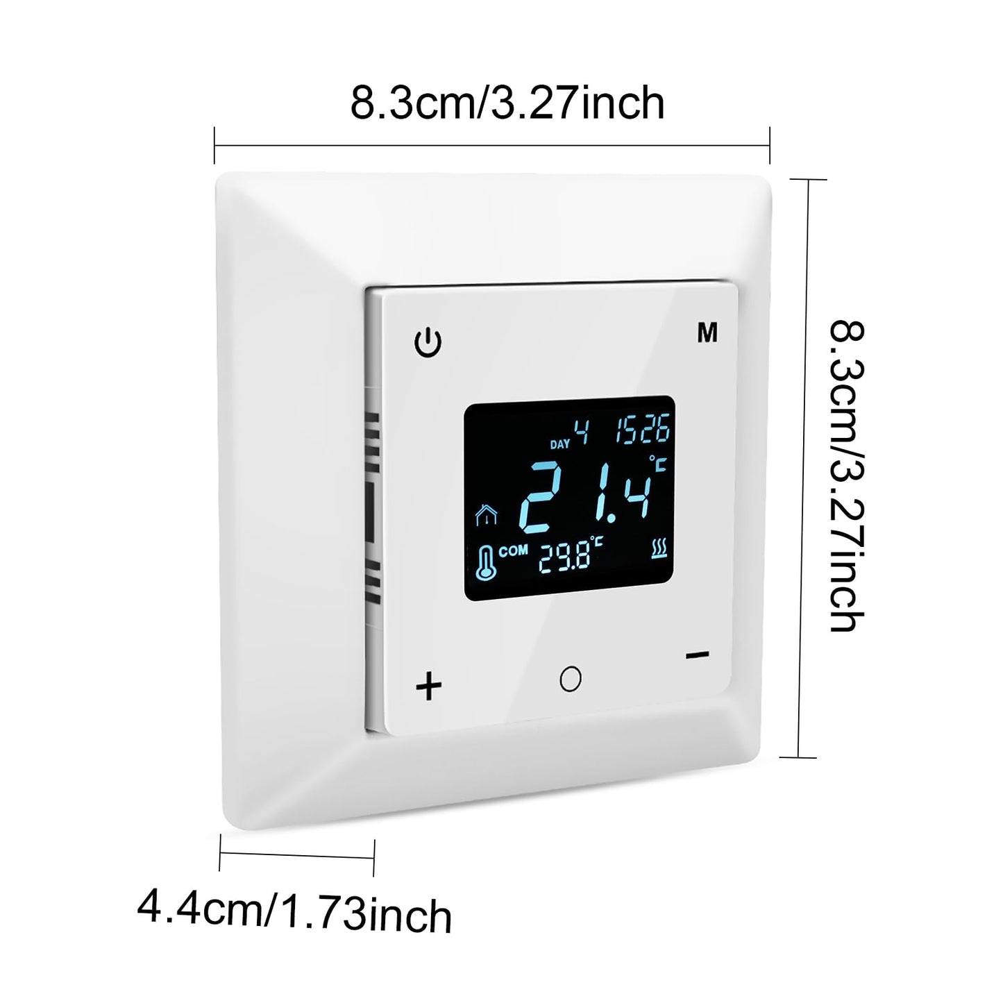Touchscreen Programmable Thermostat for Electric Floor Heating System, 7-day Timing Settings Backlight LCD Display Safety Lock Automatic Calibration Low Temperature Protection NTC Floor & Air Sensing