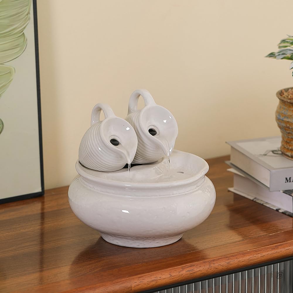 Outdoor and Indoor Tabletop Fountain Desktop Ceramic Fountain Home and Office Decoration (White A190)