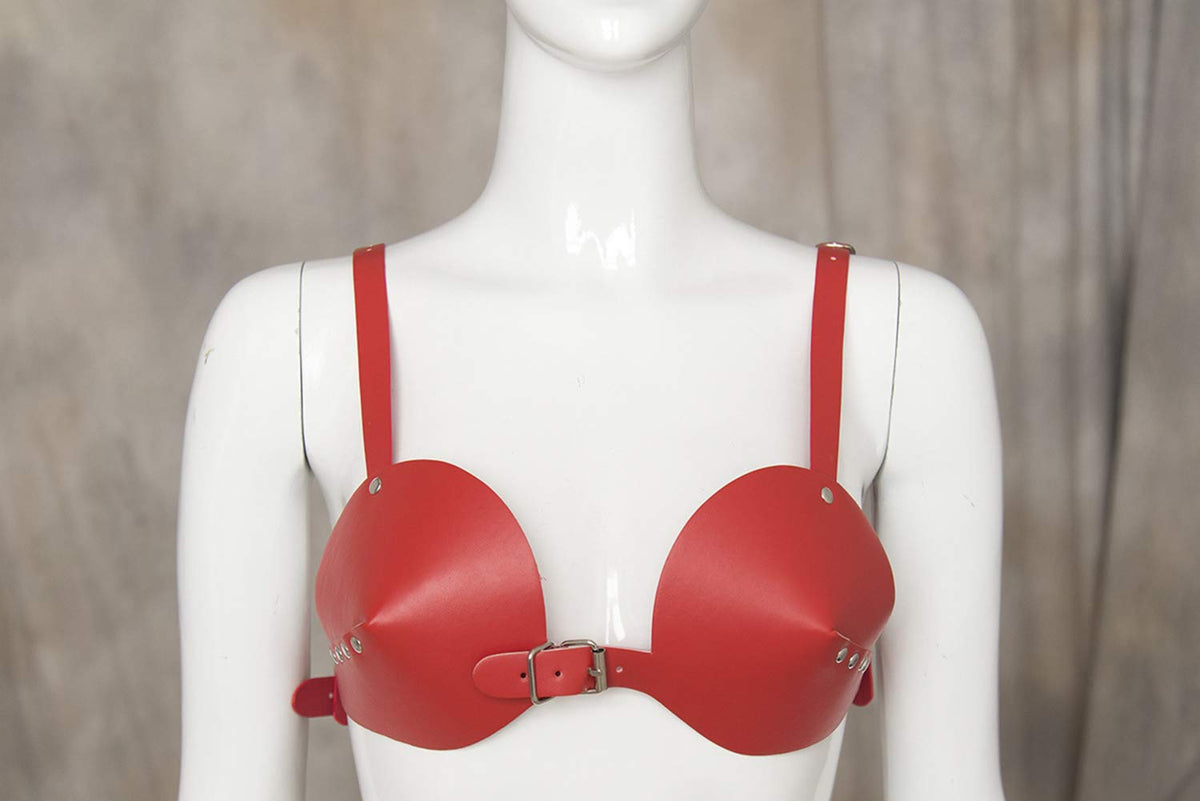 Women's Leather Bullet Cup Bra Body Harness Adjustable Brooch Buckle Punk Lingerie Bra Catwoman Costume(red) One Size