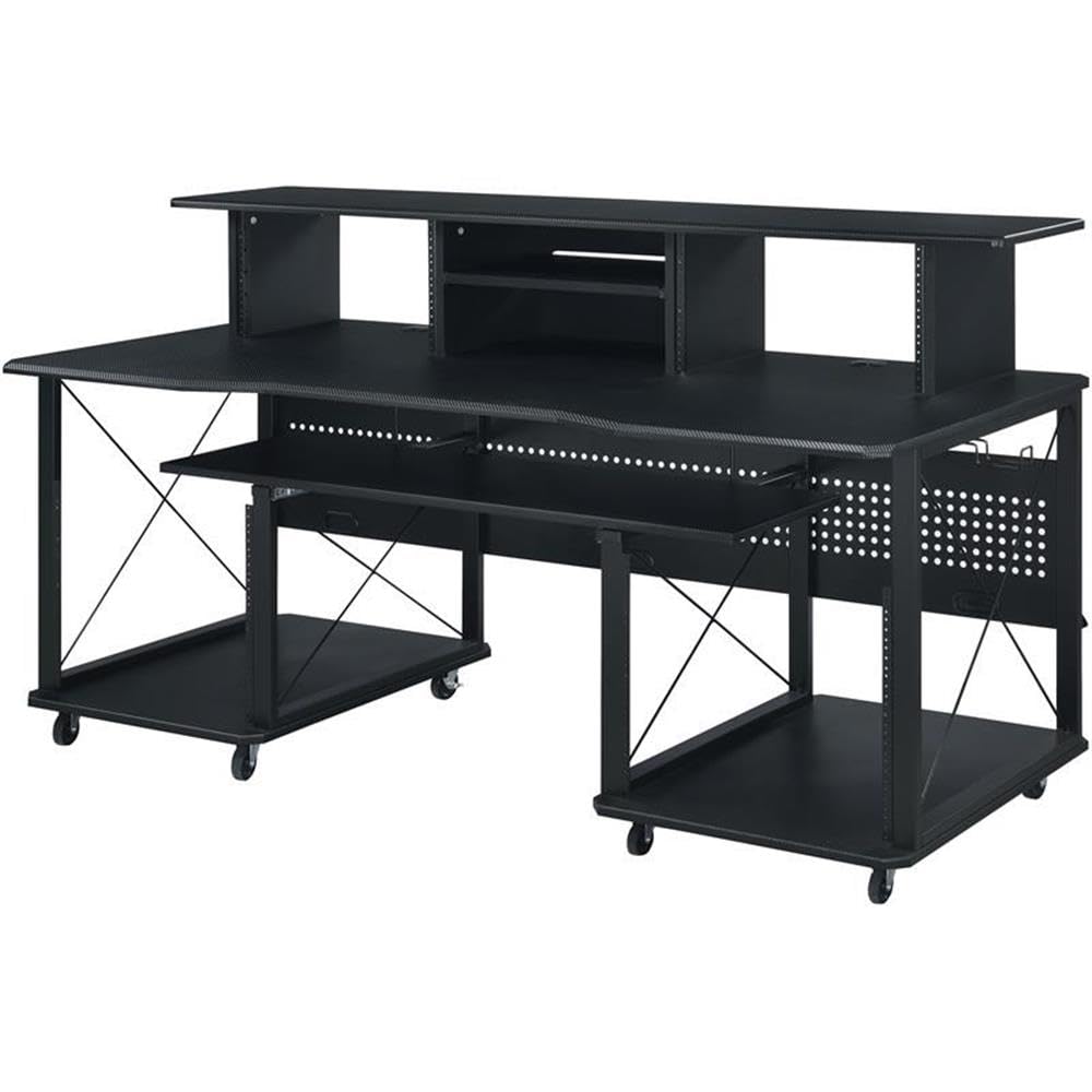 BOWERY HILL Music Desk, 72" L x 30" W x 40" H, Metal and MDF with Black Finish, Shelves and Compartments, Pull-Out Keyboard Tray, Cord Management, Multi-Function Desk for Home Studio or Office Use
